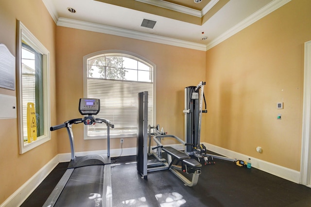 workout area with crown molding