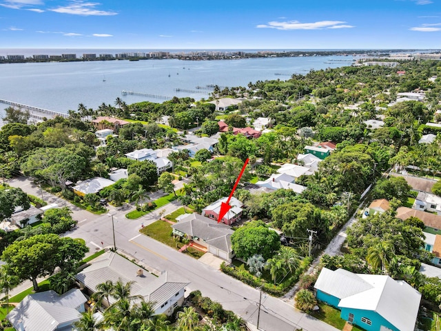 bird's eye view with a water view