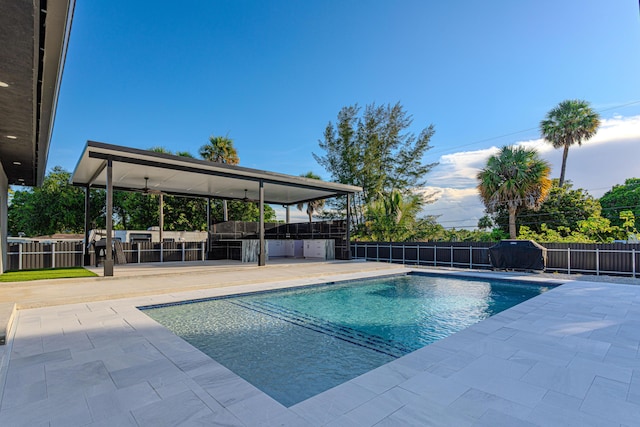 view of swimming pool featuring a fenced in pool, fence, and a patio