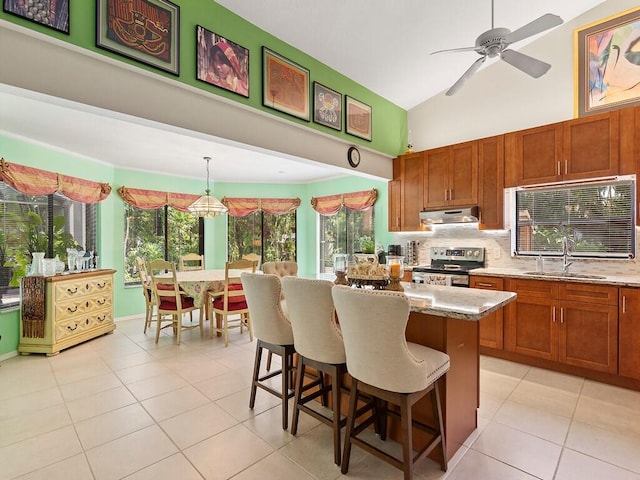 kitchen with plenty of natural light, high vaulted ceiling, sink, and stainless steel electric range oven