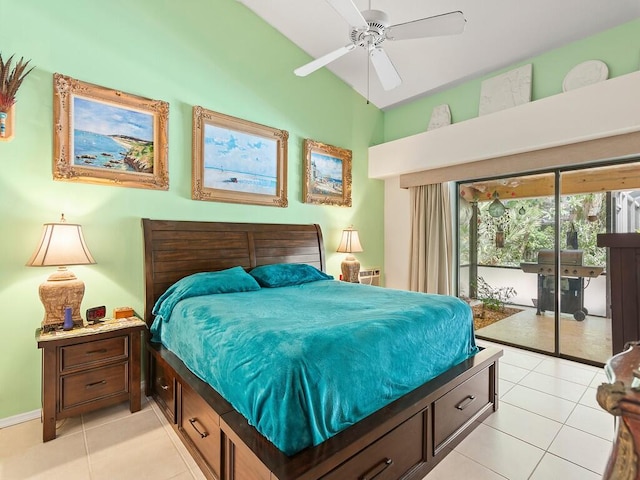 bedroom with lofted ceiling, access to outside, light tile patterned floors, and ceiling fan