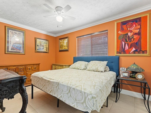 bedroom with ornamental molding, light tile patterned floors, and a textured ceiling