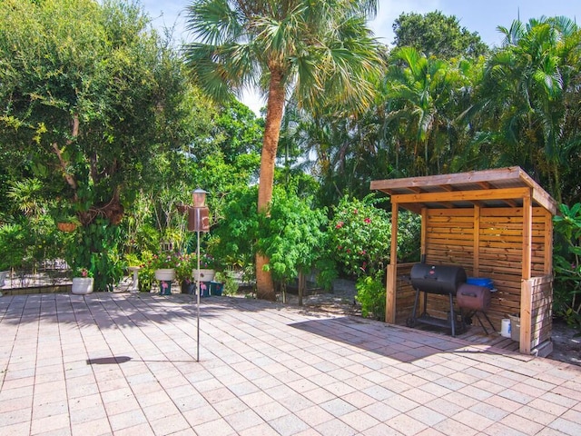 view of patio featuring a grill