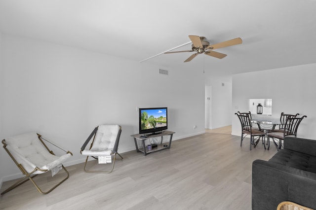 sitting room with visible vents, baseboards, ceiling fan, and light wood finished floors