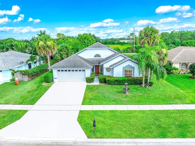 view of front of house with a garage and a front lawn