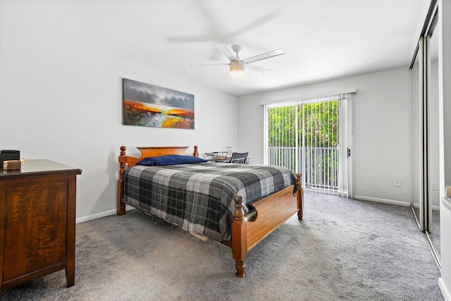 carpeted bedroom with access to outside and ceiling fan