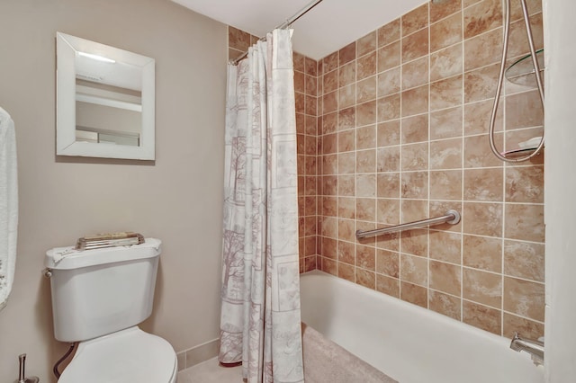 bathroom featuring toilet and shower / bath combination with curtain