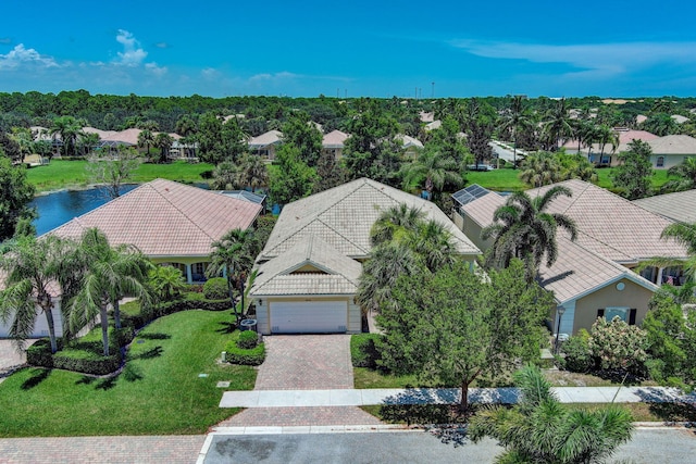 aerial view featuring a water view