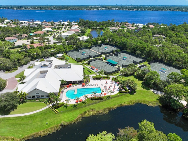 aerial view featuring a water view