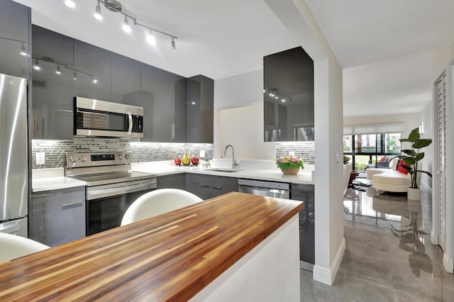 kitchen featuring sink, gray cabinetry, wooden counters, stainless steel appliances, and decorative backsplash