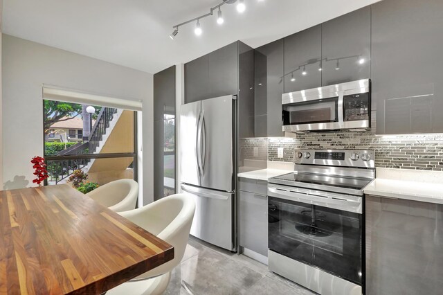 kitchen featuring gray cabinets, tasteful backsplash, stainless steel appliances, butcher block counters, and rail lighting