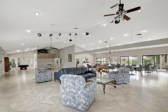 living room featuring billiards, high vaulted ceiling, and ceiling fan