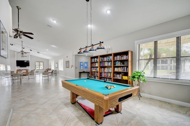 recreation room with vaulted ceiling, light tile patterned flooring, ceiling fan, and pool table