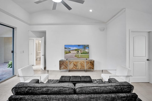 tiled living room featuring ornamental molding, high vaulted ceiling, and ceiling fan