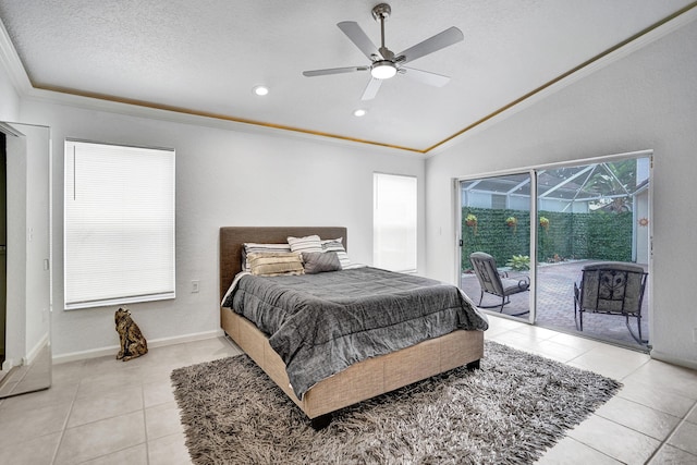 bedroom featuring crown molding, lofted ceiling, access to outside, and ceiling fan