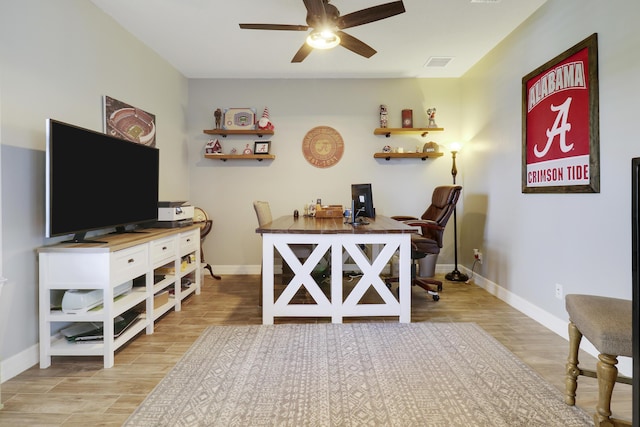 office area featuring ceiling fan and light hardwood / wood-style floors