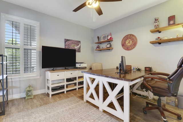 office with ceiling fan and light wood-type flooring