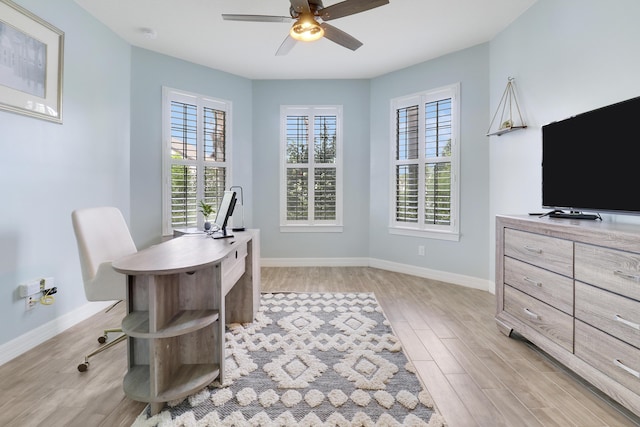 office area with a wealth of natural light, ceiling fan, and light wood-type flooring