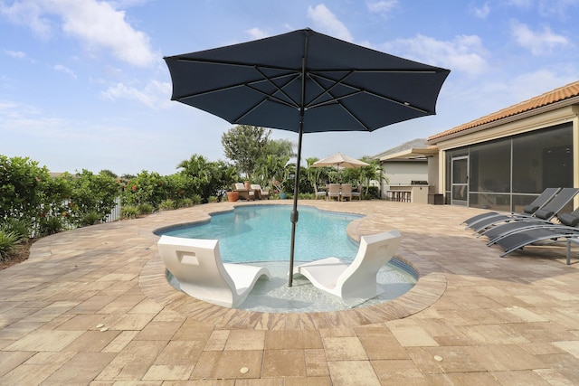 view of swimming pool with an outdoor kitchen, exterior bar, a sunroom, and a patio area