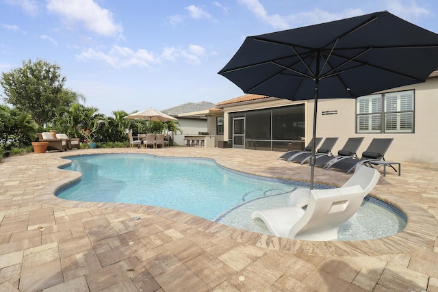 view of pool with exterior kitchen and a patio