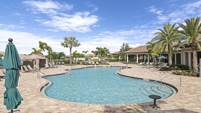 view of swimming pool featuring a patio area