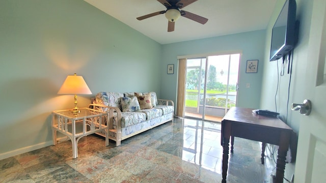 living room with vaulted ceiling and ceiling fan