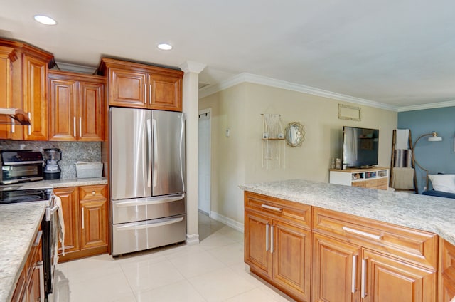 kitchen with light stone counters, crown molding, extractor fan, decorative backsplash, and appliances with stainless steel finishes