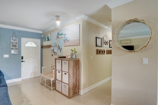 tiled foyer entrance featuring crown molding