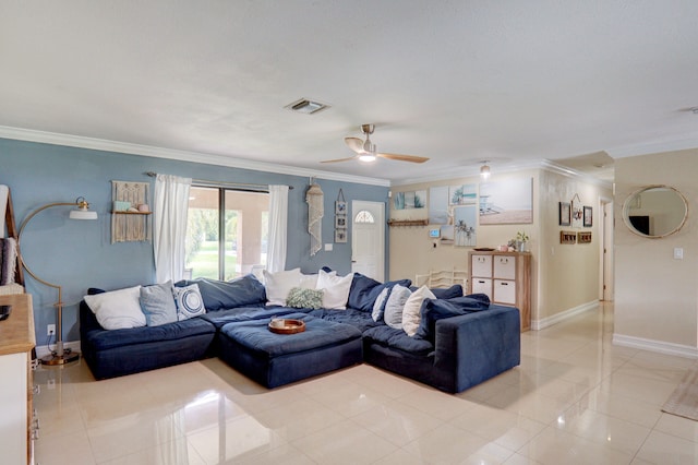 living room featuring ceiling fan, light tile patterned floors, and ornamental molding