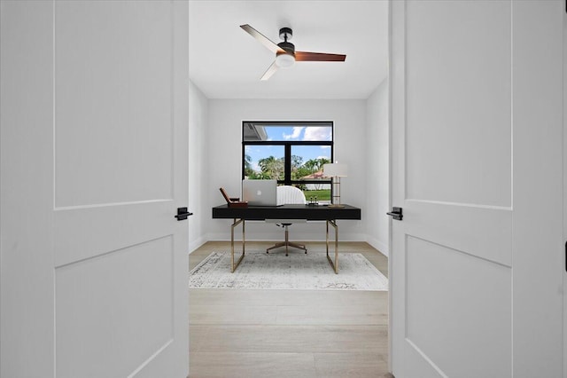 office area with ceiling fan and light wood-type flooring