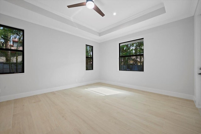 spare room with crown molding, light hardwood / wood-style floors, a raised ceiling, and ceiling fan