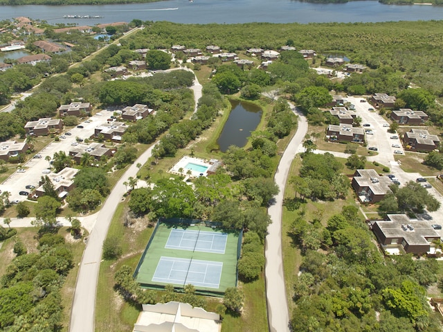 aerial view featuring a water view