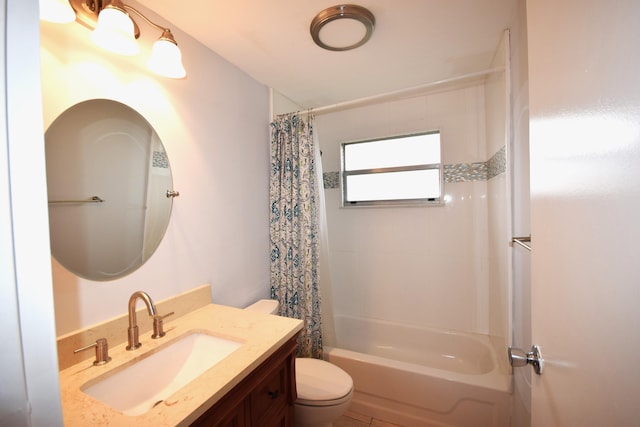 full bathroom featuring vanity, shower / bathtub combination with curtain, and toilet