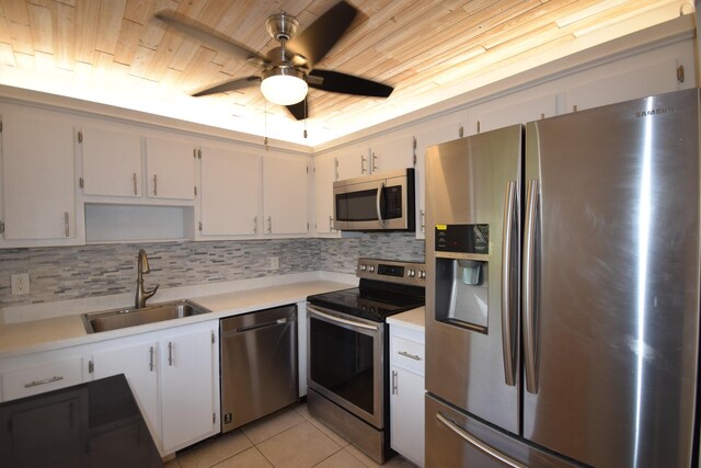 kitchen with tasteful backsplash, stainless steel appliances, wood ceiling, sink, and ceiling fan