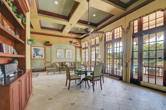 interior space featuring beamed ceiling, ceiling fan, french doors, and coffered ceiling