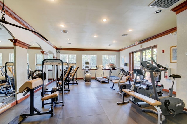 gym featuring a wealth of natural light and ornamental molding