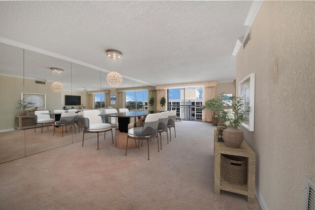 carpeted dining room with a textured ceiling