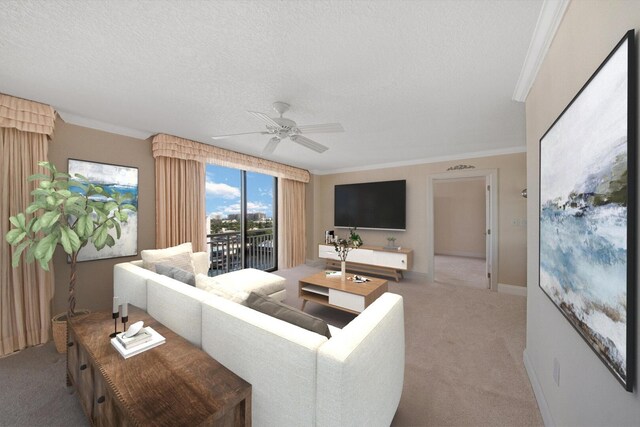 living room featuring ceiling fan, crown molding, carpet flooring, and a textured ceiling