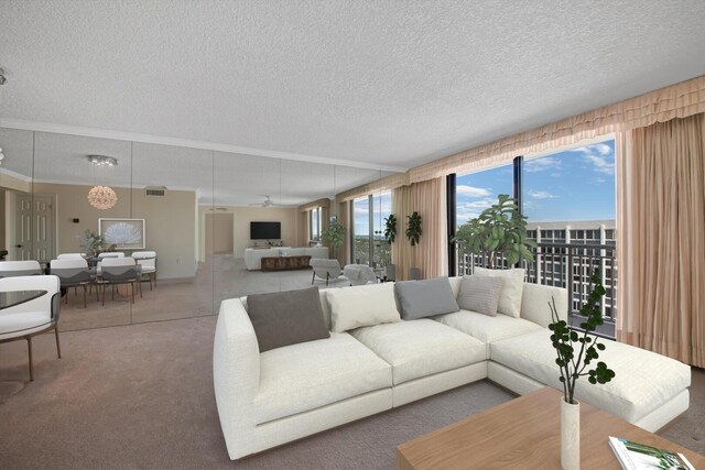 carpeted living room featuring a textured ceiling