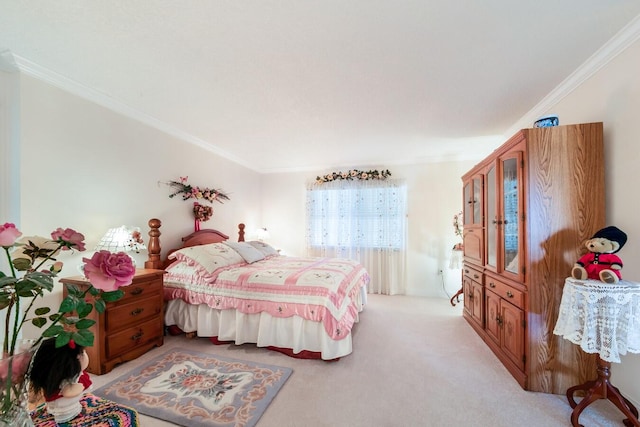 bedroom featuring ornamental molding and light carpet