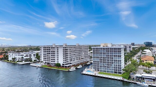 bird's eye view with a water view