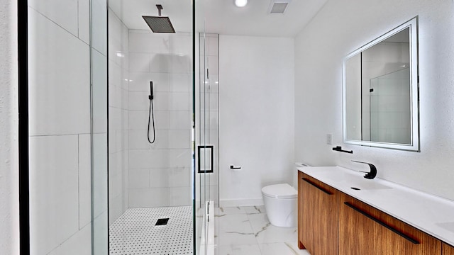 bathroom with walk in shower, tile patterned flooring, toilet, and vanity