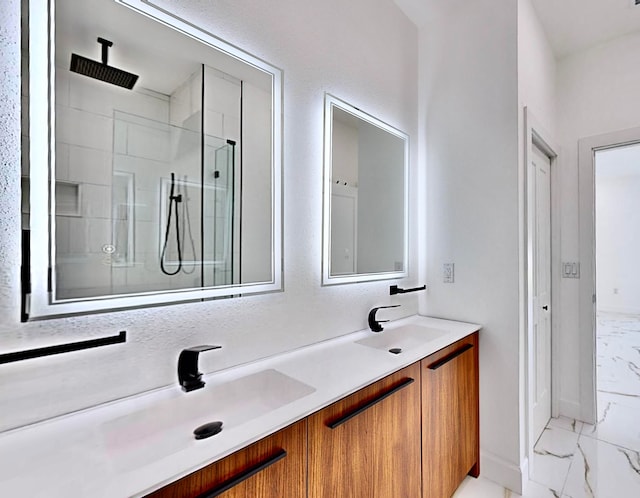 bathroom with walk in shower, tile patterned floors, and double sink vanity