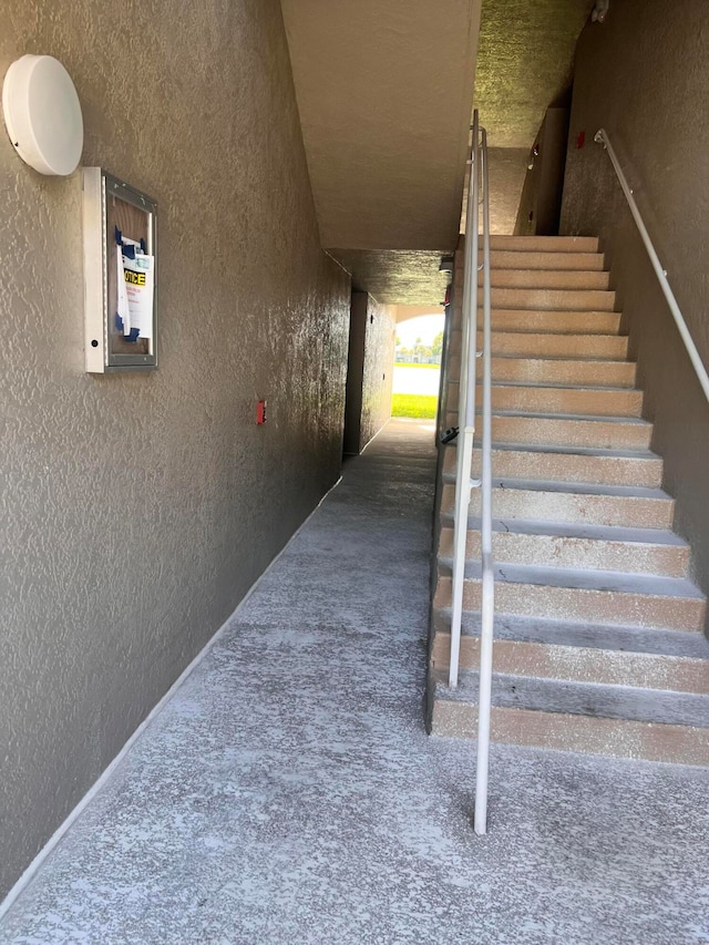 stairway featuring carpet flooring