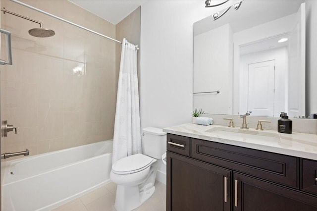 full bathroom featuring shower / bath combo, vanity, toilet, and tile patterned floors