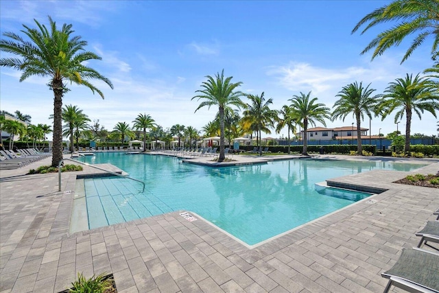 view of swimming pool with a patio area