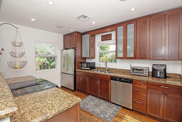 kitchen featuring light hardwood / wood-style floors, sink, a healthy amount of sunlight, and stainless steel appliances