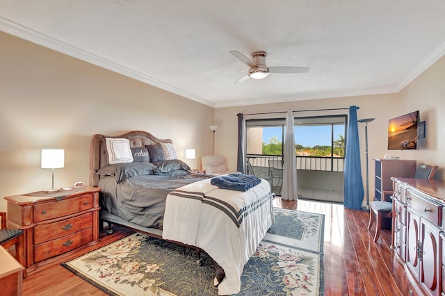 bedroom with dark hardwood / wood-style floors, ceiling fan, ornamental molding, and access to exterior