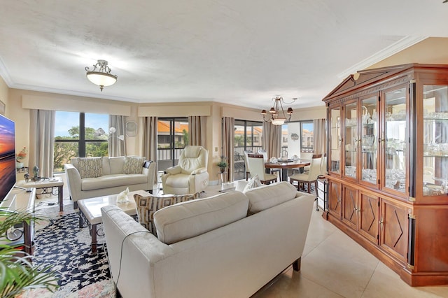 tiled living room with ornamental molding