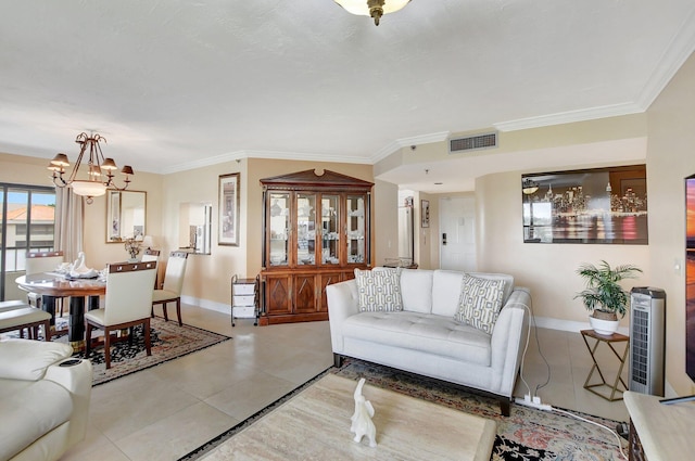 tiled living room with crown molding and a notable chandelier